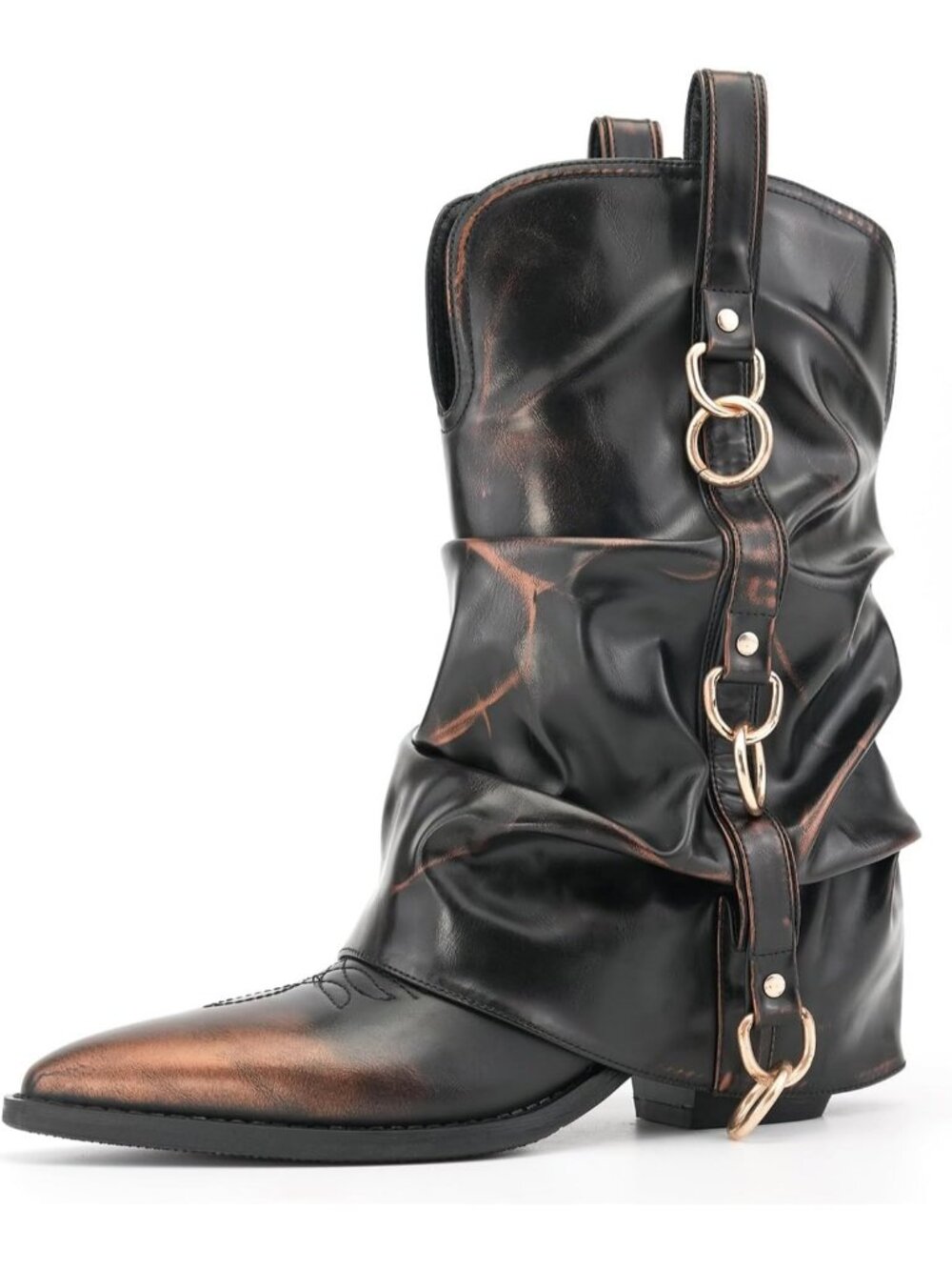 Women's Retro Gold Faux Leather Pointed Toe Fashion Riding Casual Cowgirl Boots